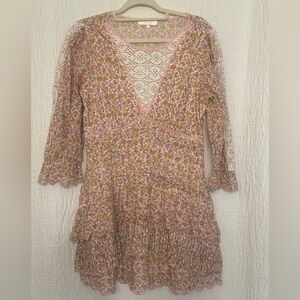 LoveShackFancy Floral Lace Dress with Pink and Yellow Accents